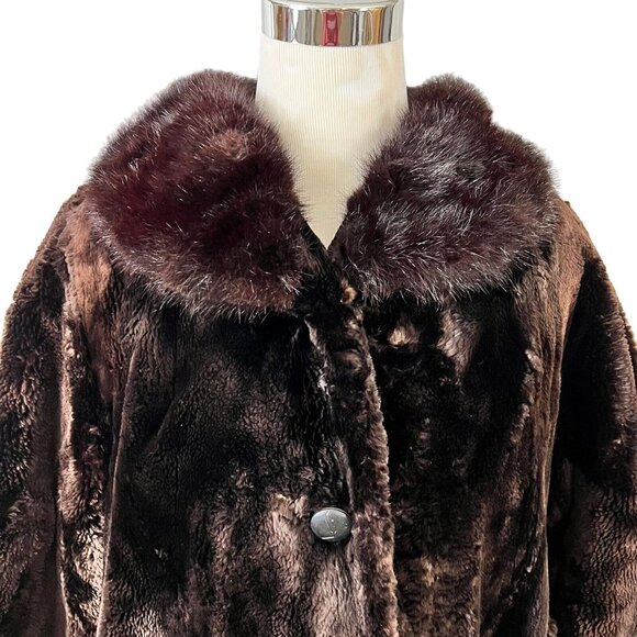 Sheared Beaver Midi Coat with Front Closure & Mink Collar Vintage 1940s Taubert - Picture 5 of 15